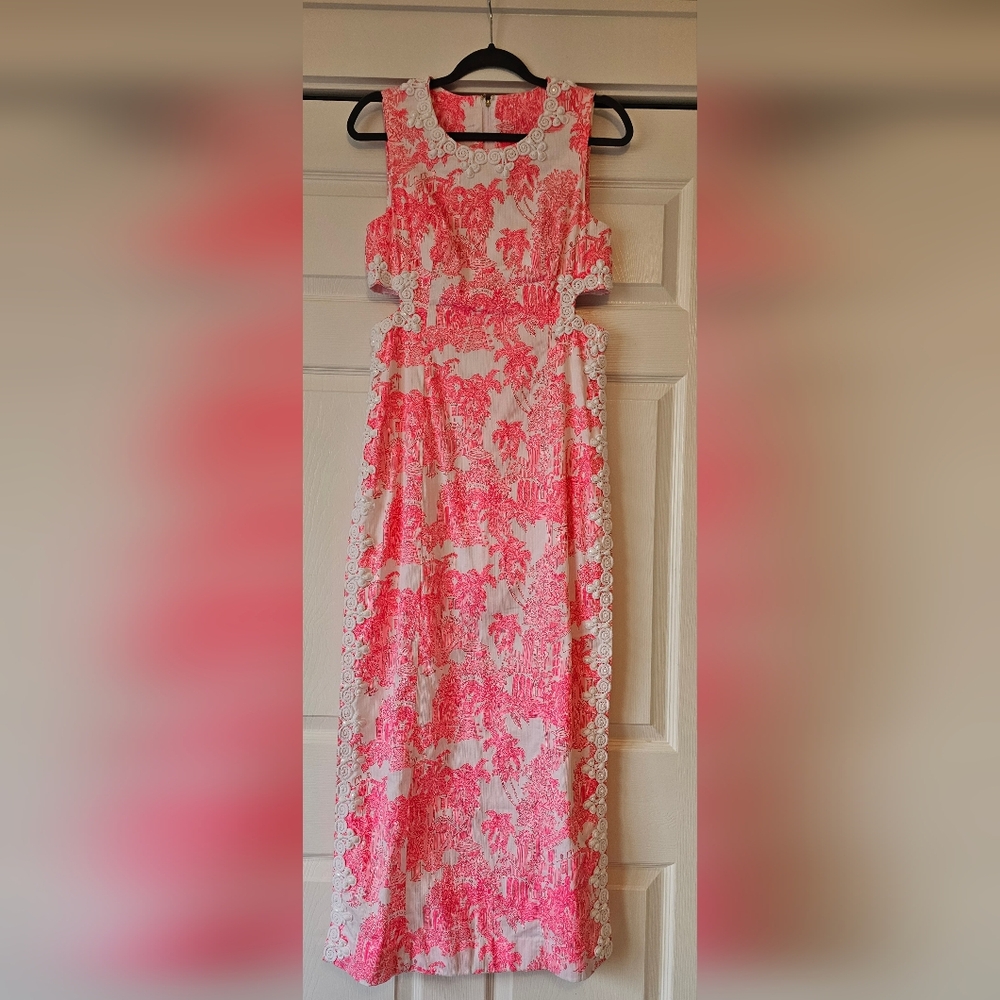 Lilly Pulitzer Pink HARLYN MAXI ROMPER 65TH Anniversary Toile- Size 6 - Picture 4 of 13